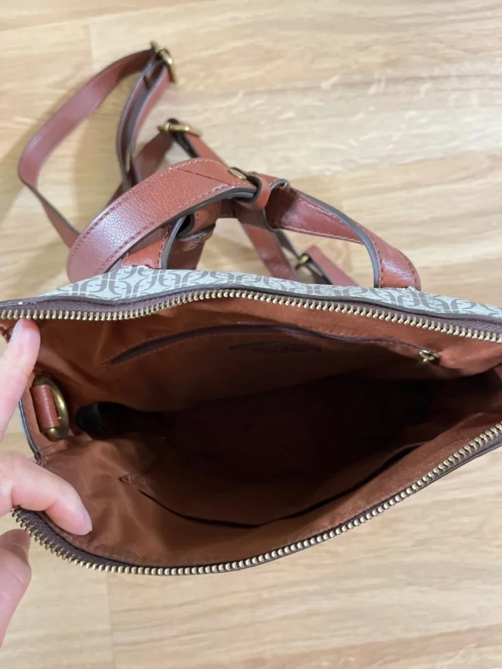 Fossil Elina Convertible Backpack Tan Cream Monogram Pattern With Floral Accents